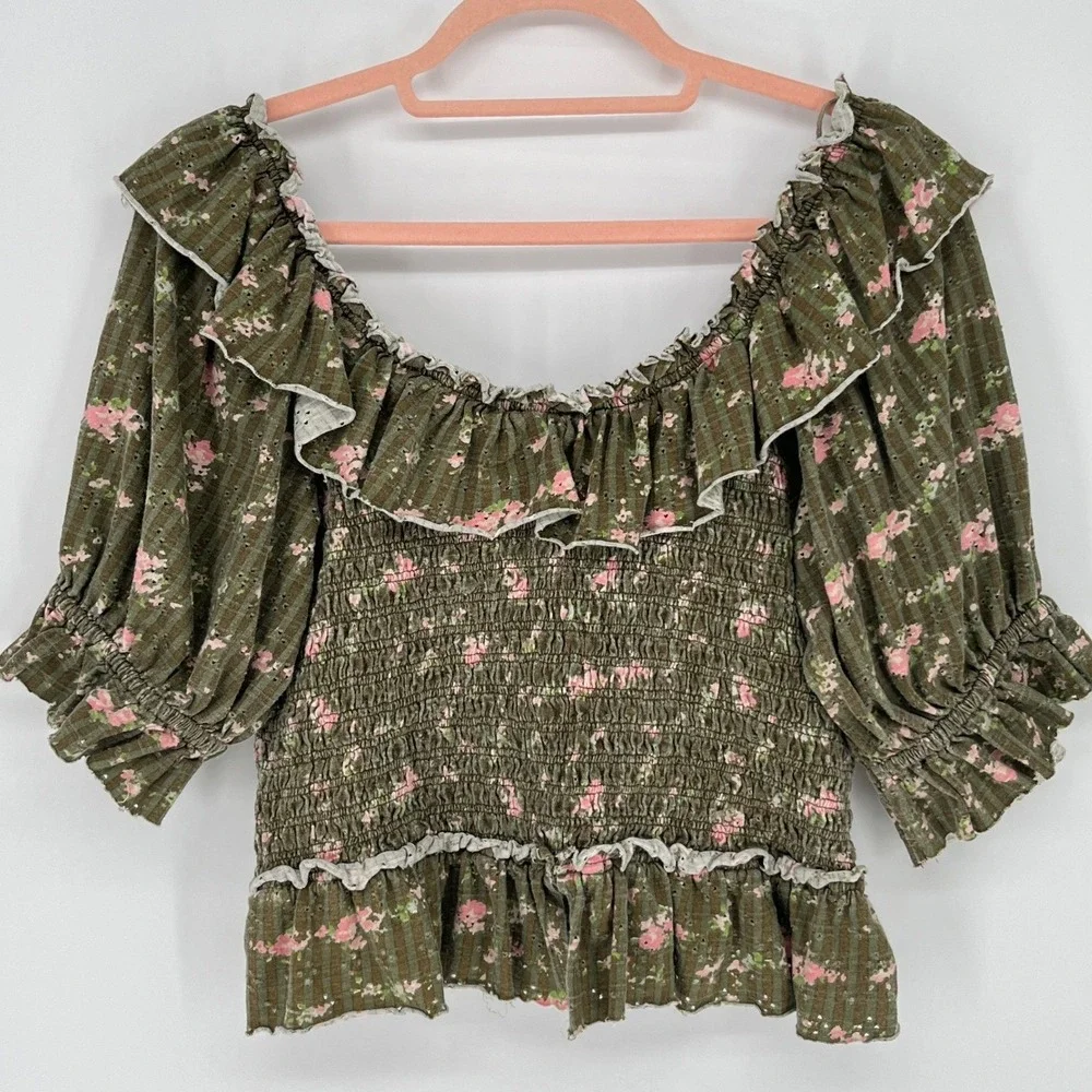 Free People Olive Floral Smocked Eyelet Ruffle Crop Top Boho Prairie Women Large